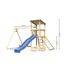 Tour de jeu avec balançoire, toboggan, échelle et bac à sable avec indication des dimensions