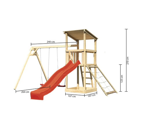 Spielturm aus Holz mit Schaukel und Rutsche mit den Maßen 270 x 240 x 264 cm