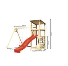 Tour de jeux en bois avec balançoire et toboggan, dimensions incluses