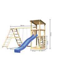 Spielturm mit Schaukel, Rutsche, Kletterwand und den Maßen 270 cm Höhe, 308 cm Breite und 264 cm Länge.