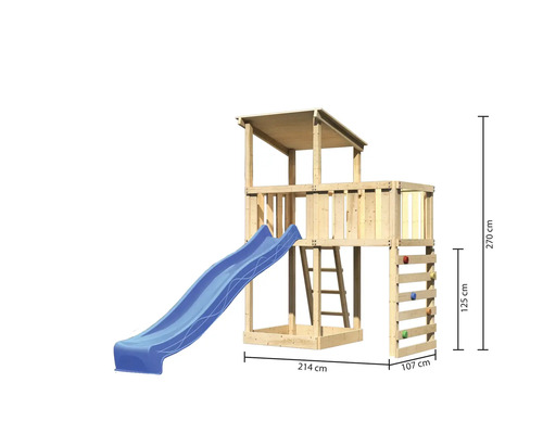 Tour de jeux en bois avec toboggan, échelle et mur d''escalade, dimensions incluses