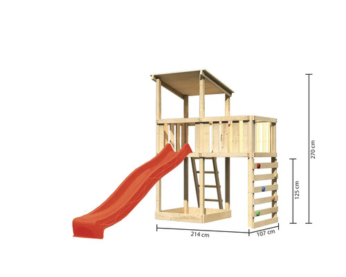 Holzspielturm mit Rutsche, Kletterwand, Leiter und den Maßen 270 cm Höhe, 214 cm Breite und 107 cm Tiefe.