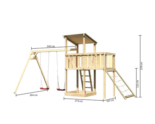 Tour de jeu en bois avec balançoire et toboggan mesurant 270 cm de haut, 264 cm de long et 240 cm de large