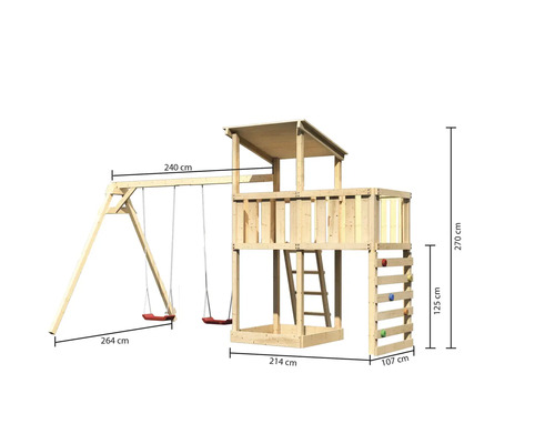 Spielturm mit Schaukel und Kletterwand, mit Massangaben.