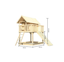 Spielhaus aus Holz mit Sandkasten, Rutsche, Leiter und den Maßen 198 cm, 243 cm und 329,5 cm