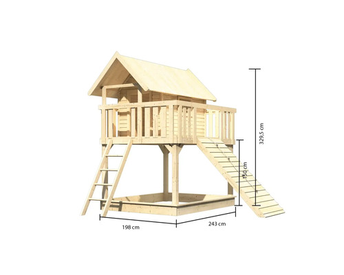 Spielhaus aus Holz mit Sandkasten, Rutsche, Leiter und den Maßen 198 cm, 243 cm und 329,5 cm