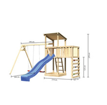 Tour de jeu en bois avec balançoire, toboggan et mur d''escalade avec dimensions