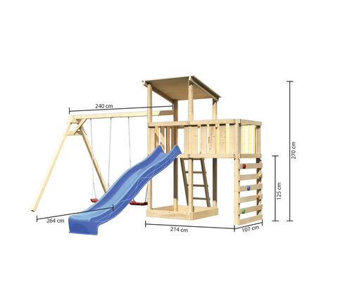 Spielturm aus Holz mit Schaukel, Rutsche und Kletterwand mit Massangaben