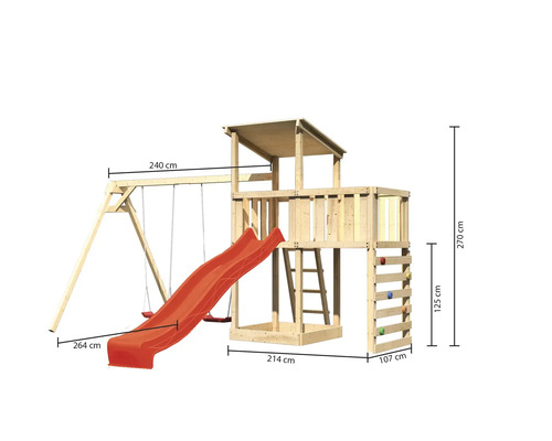 Tour de jeux en bois avec balançoire, toboggan, mur d''escalade et dimensions