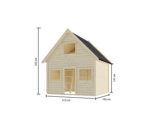 Holzspielhaus mit den Maßen 253 cm Höhe, 213 cm Breite und 183 cm Tiefe