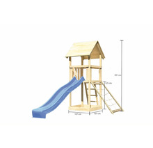Tour de jeu en bois avec toboggan, mur d''escalade et les dimensions suivantes : 291 cm de hauteur, 107 cm de largeur et 125 cm de hauteur de plate-forme.