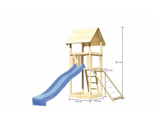Spielturm aus Holz mit Rutsche, Kletterwand und den Maßen 291 cm Höhe, 107 cm Breite und 125 cm Podest Höhe.