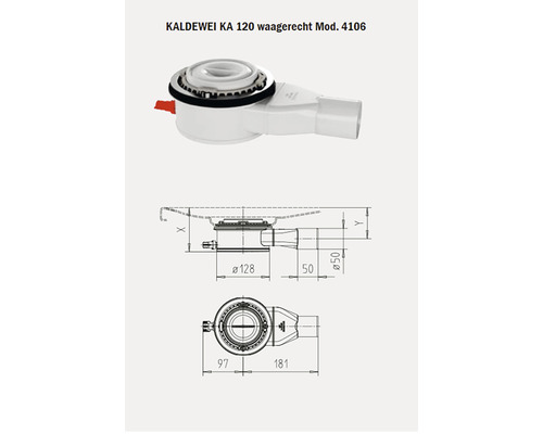 Kaldewei KA 120 garniture d''écoulement horizontale Mod. 4106 avec indications de dimensions
