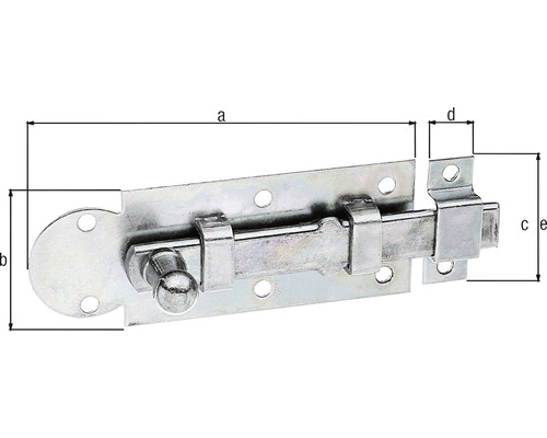Türriegel aus Metall mit den Dimensionen a, b, c, d und e.