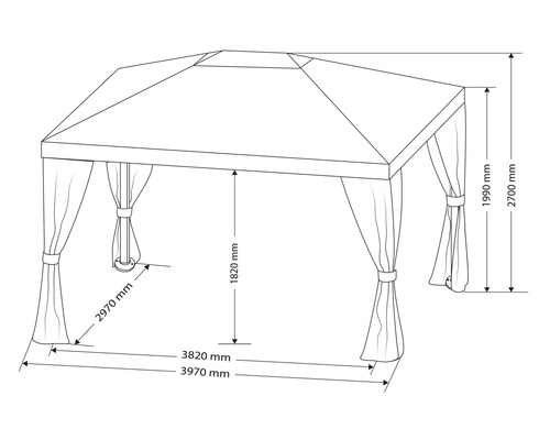 Technische Zeichnung eines Pavillons mit Vorhängen und Maßangaben