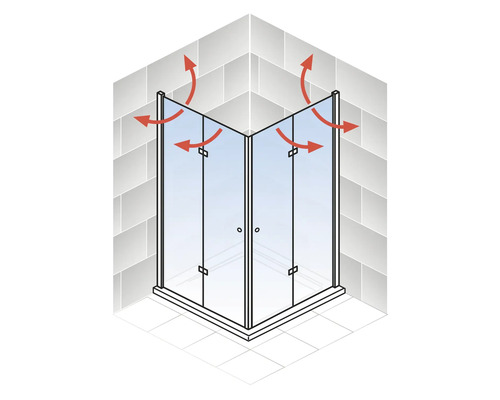 Douche d''angle avec portes battantes et flèches rouges pour illustrer la ventilation