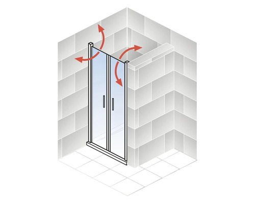 Schéma d''une cabine de douche avec portes pivotantes