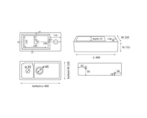 Technische Zeichnung Waschbecken mit Maßen Länge 400, Breite 220, Höhe 115