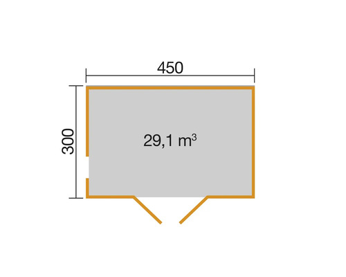 Plan avec dimensions 450 x 300 et 29,1 mètres cubes de volume.