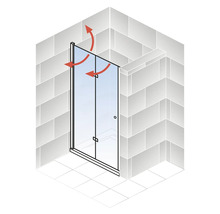 Cabine de douche avec porte battante et ventilation dans la salle de bains.