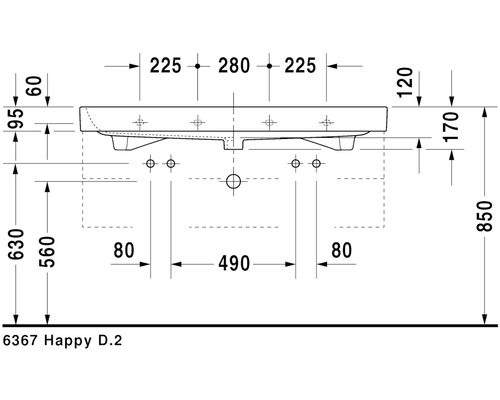 Schéma technique du lavabo Happy D.2 avec dimensions