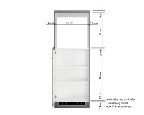 Massangaben zu einem Hochschrank mit Türanschlag rechts oder links