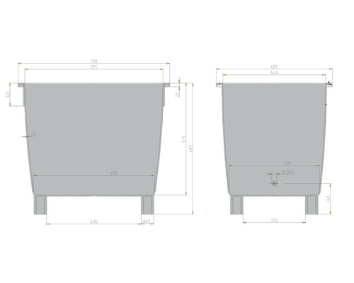 Dessin technique d''un bac à plantes avec dimensions