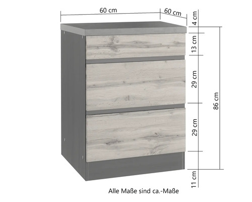 Unterschrank mit drei Schubladen und Massangaben