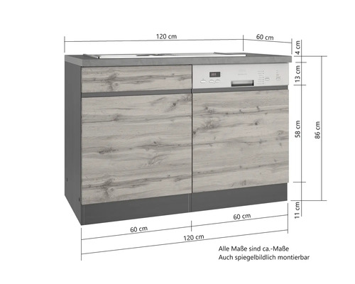 Küchenunterschrank mit Geschirrspüler und Arbeitsplatte mit Maßangaben