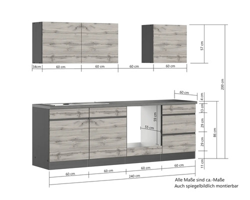 Küchenzeile mit Ober- und Unterschränken sowie Maßangaben