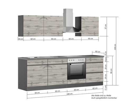 Cuisine avec éléments hauts, hotte aspirante et appareils électriques avec dimensions