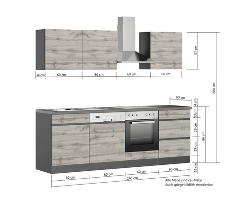 Cuisine avec appareils électriques et indications de dimensions