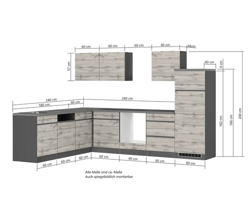 Skizze einer Küchenzeile mit Maßen