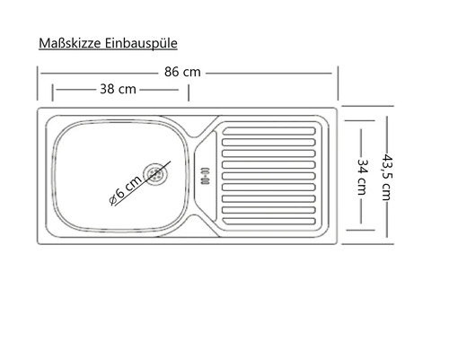 Einbauspüle Massskizze mit Becken und Abtropffläche, Abmessungen in Zentimetern