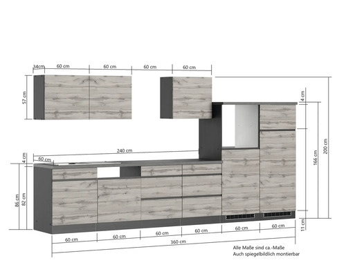 Küchenzeile mit Maßangaben