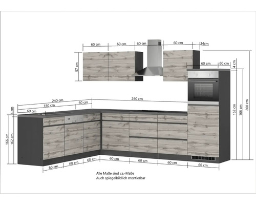 Skizze einer Küchenzeile mit Maßen