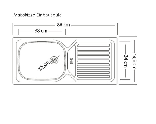 Massskizze einer Einbauspüle mit Becken und Abtropffläche, Abmessungen in Zentimetern