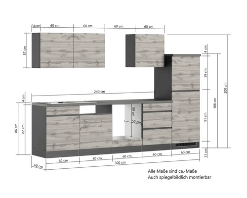 Küchenzeile mit Massangaben