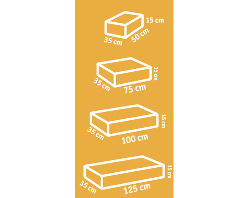 Schéma de quatre blocs de dimensions 35 cm x 50 cm, 35 cm x 75 cm, 35 cm x 100 cm et 35 cm x 125 cm, chacun d''une hauteur de 15 cm.