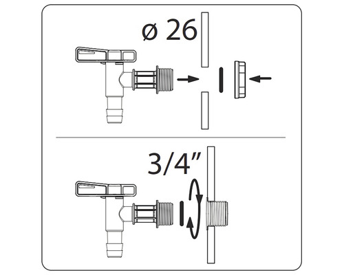 Montageanleitung für einen Wasserhahn mit einem Durchmesser von 26 Millimetern und einem 3/4-Zoll-Anschluss