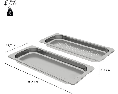 Deux récipients gastronormes en acier inoxydable, un avec des trous, dimensions 45,4 x 18,7 x 3,5 cm, résistance maximale à la température 120 degrés, charge maximale 16 kilogrammes
