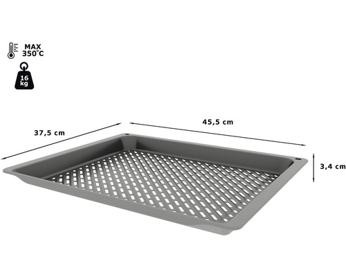 Plaque de cuisson émaillée mesurant 45,5 x 37,5 x 3,4 cm, maximum 350 degrés Celsius et charge maximale de 16 kg