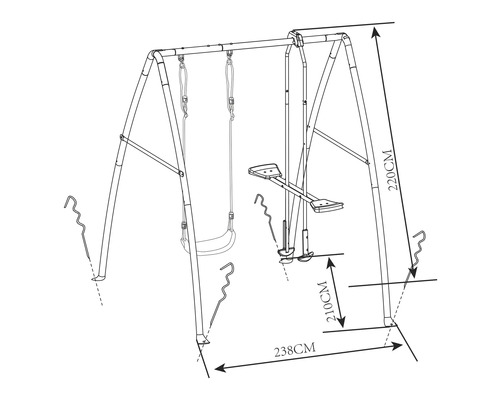 Schéma d''une balançoire pour enfants avec les dimensions suivantes : 220 cm de hauteur, 238 cm de longueur et 210 cm de distance entre la pédale et le sol.