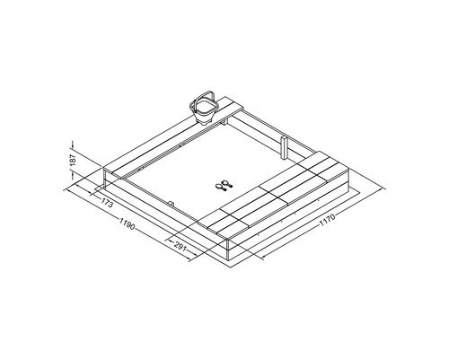 Dessin technique d''un bac à sable avec des dimensions de 1170 x 1190 mm