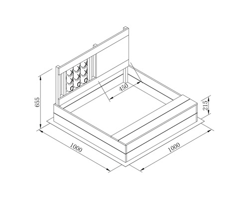 Dessin technique d''un bac à sable mesurant 1000 x 1000 x 655 mm