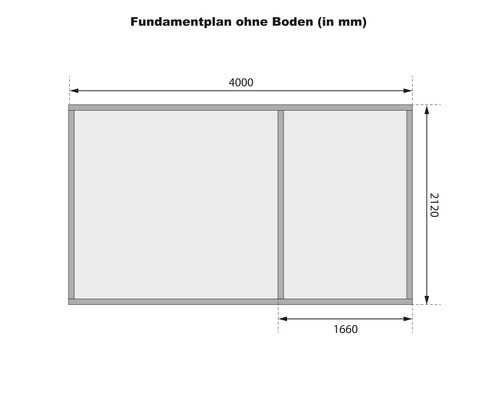 Fundamentplan ohne Boden mit Maßangaben in Millimeter