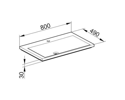Technische Zeichnung eines Waschtischs mit den Maßen 800, 490 und 30 Millimeter.