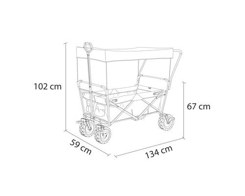 Illustration des dimensions d''un chariot à bras : 102 cm de haut, 59 cm de large et 134 cm de long.