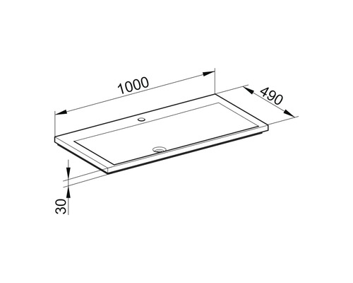 Dessin technique d''un lavabo mesurant 1000 x 490 x 30 millimètres.