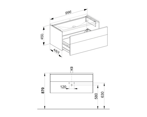 Schéma technique d''un meuble sous-lavabo avec dimensions